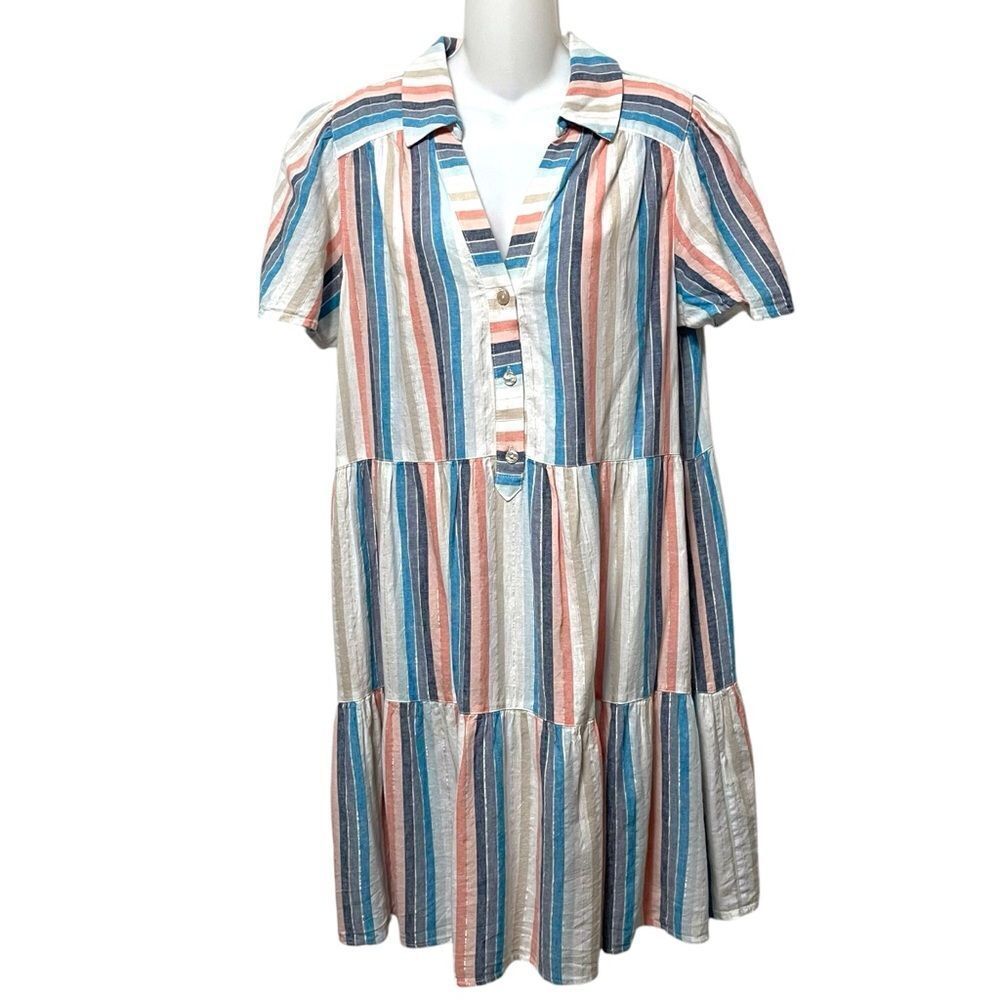CLOVER AND SLOANE Linen Blend Striped Summer Dress L
